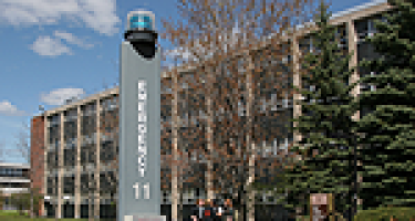 image of blue light phone on campus