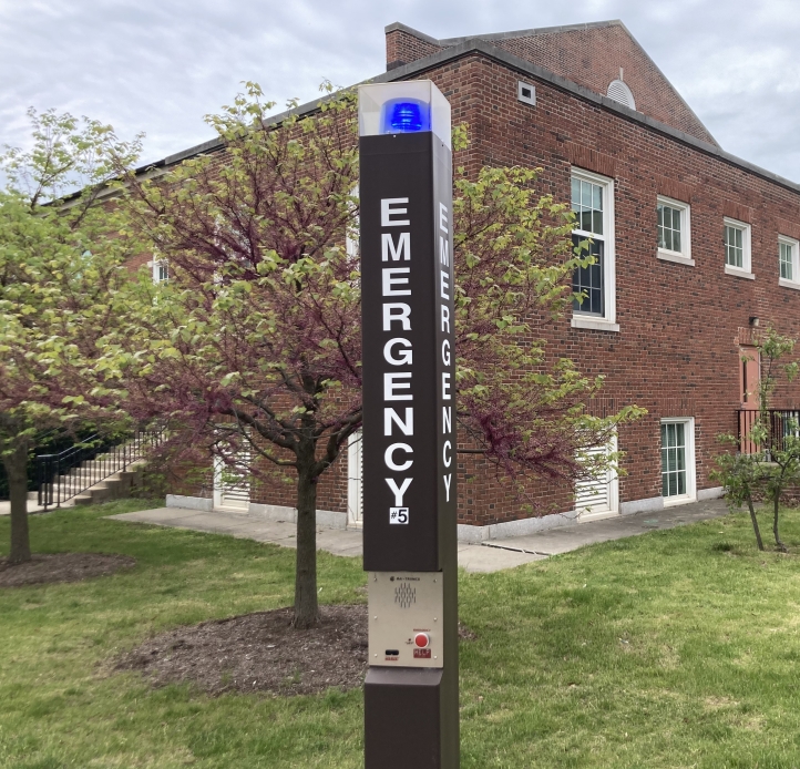 image of blue light phone on campus