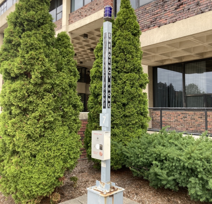 image of blue light phone on campus
