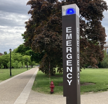 image of blue light phone on campus