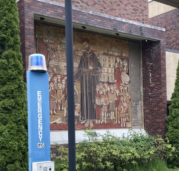 image of blue light phone on campus