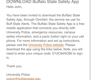 Sample Buffalo State App unique code email