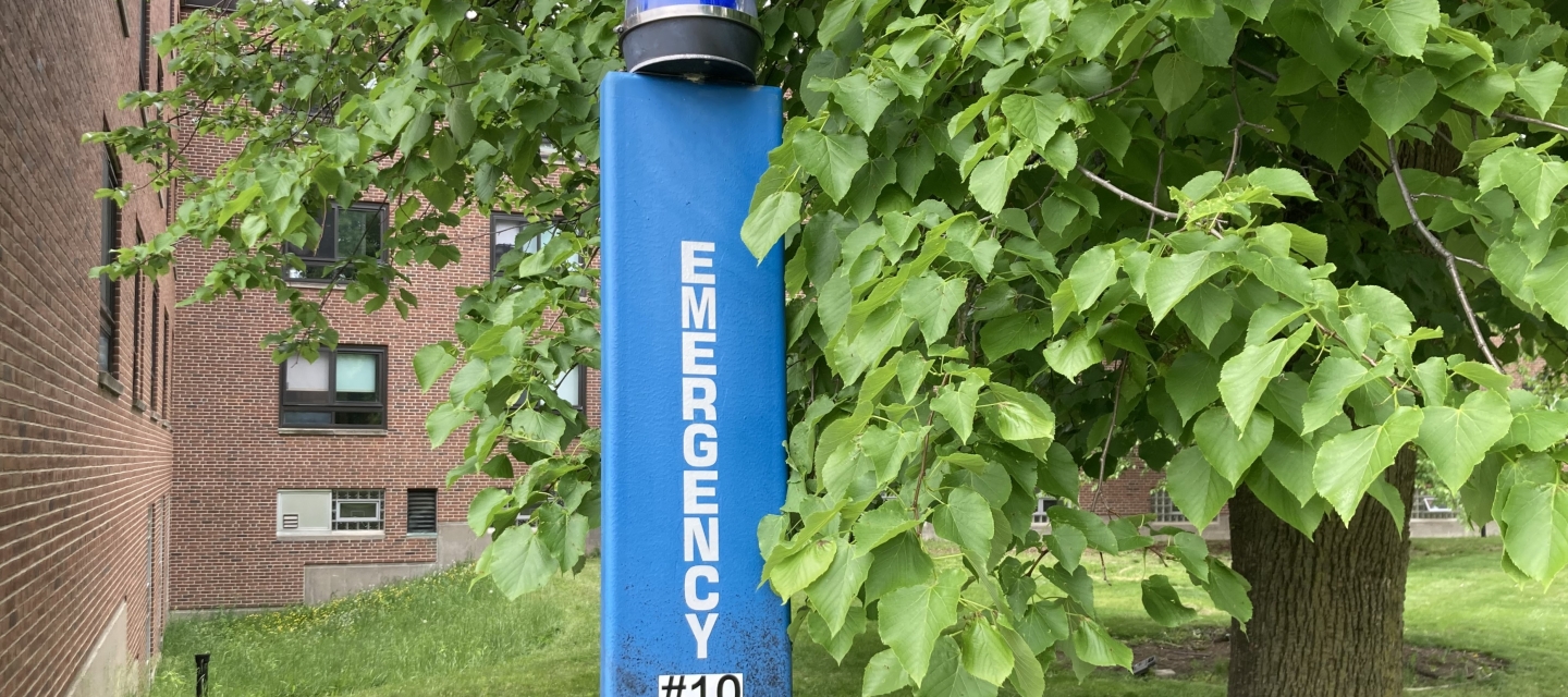 image of blue light phone on campus
