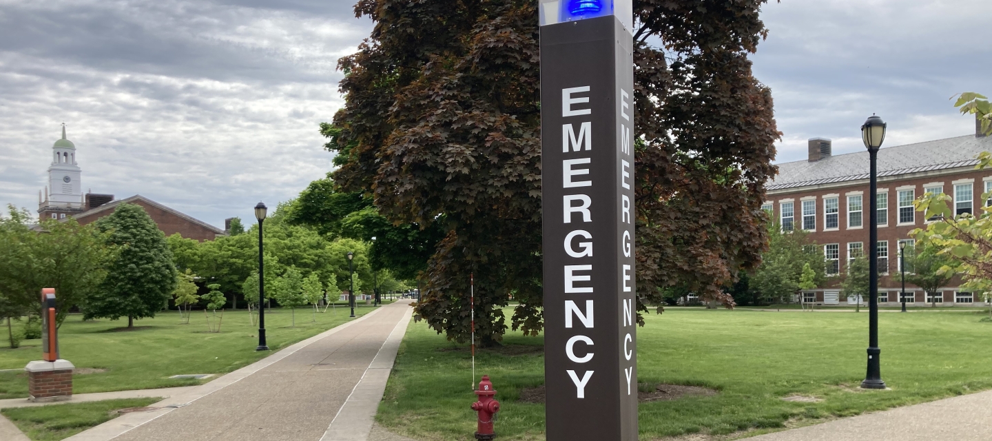 image of blue light phone on campus